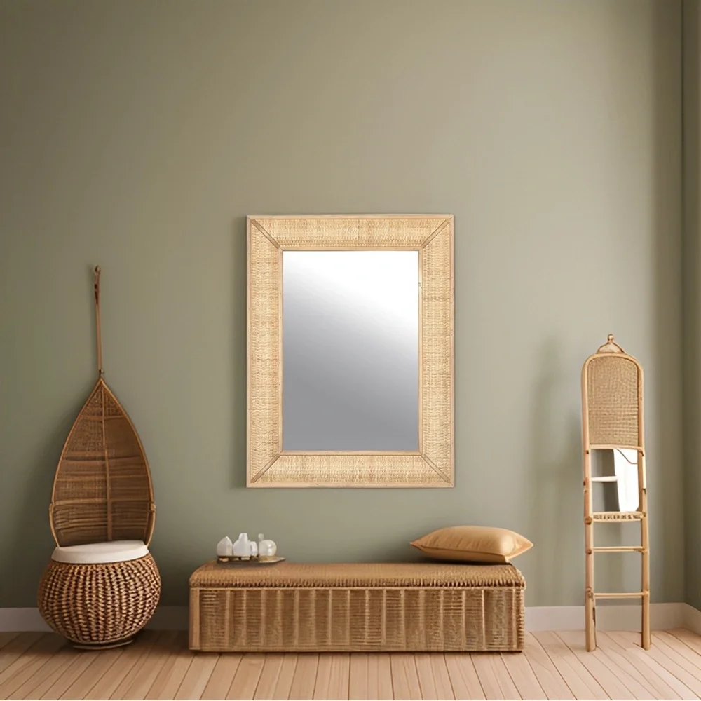 New West Elm Large Rattan Boho Rectangular Frame Wall Mirror - 27